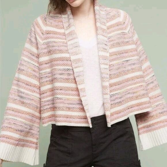 New Anthropologie Moth Pink White Mahalia Tweed Cropped Cardigan Jacket Medium - Picture 1 of 8